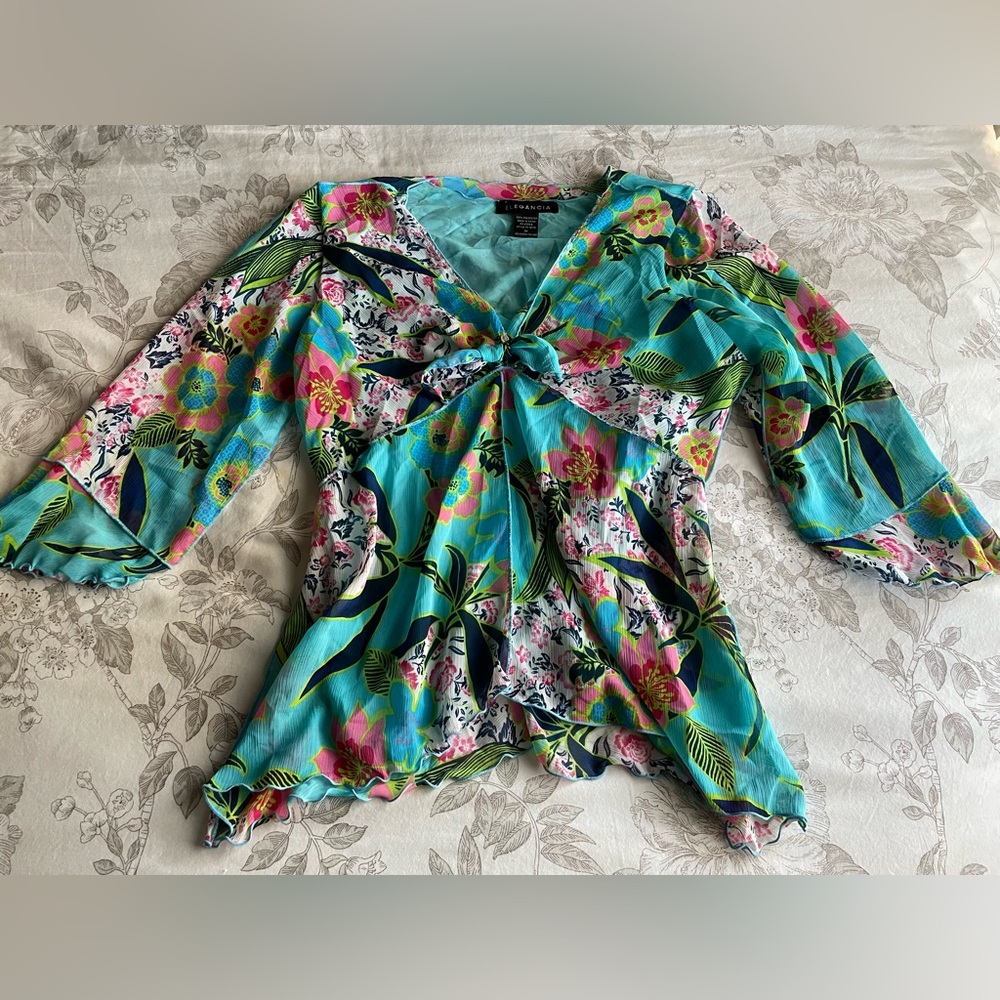 Y2K Patchwork Floral Sequin Asymmetric Flare Sleeve‎ Top Medium Boho Fairycore